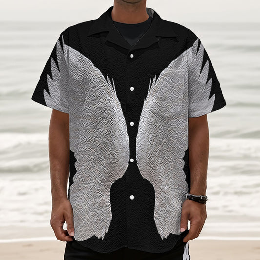 White Angel Wings Print Textured Short Sleeve Shirt
