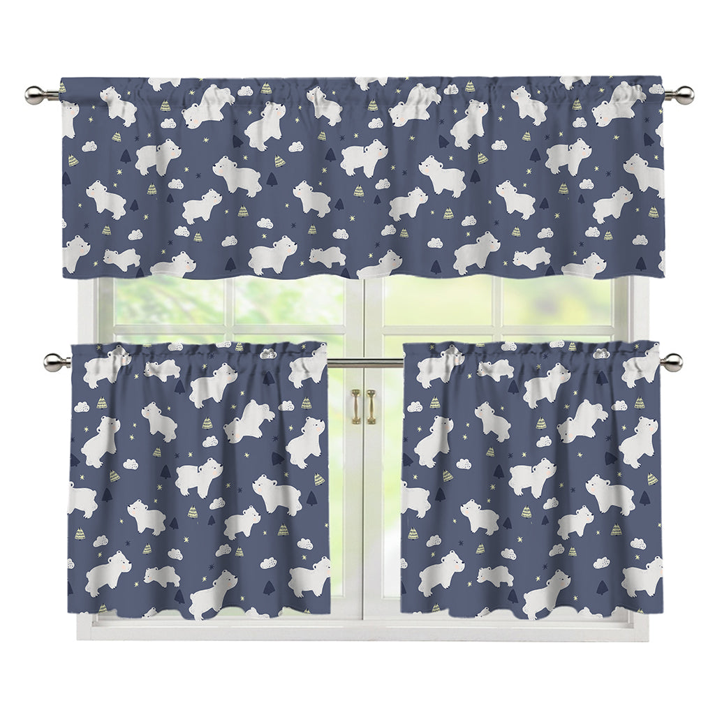 White Baby Polar Bear Pattern Print 3 Piece Kitchen Curtains
