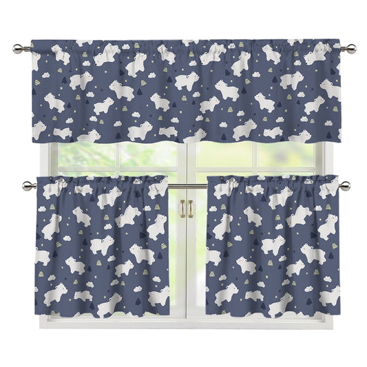 White Baby Polar Bear Pattern Print 3 Piece Kitchen Curtains