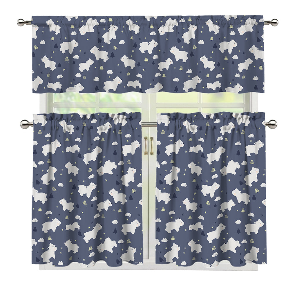 White Baby Polar Bear Pattern Print 3 Piece Kitchen Curtains