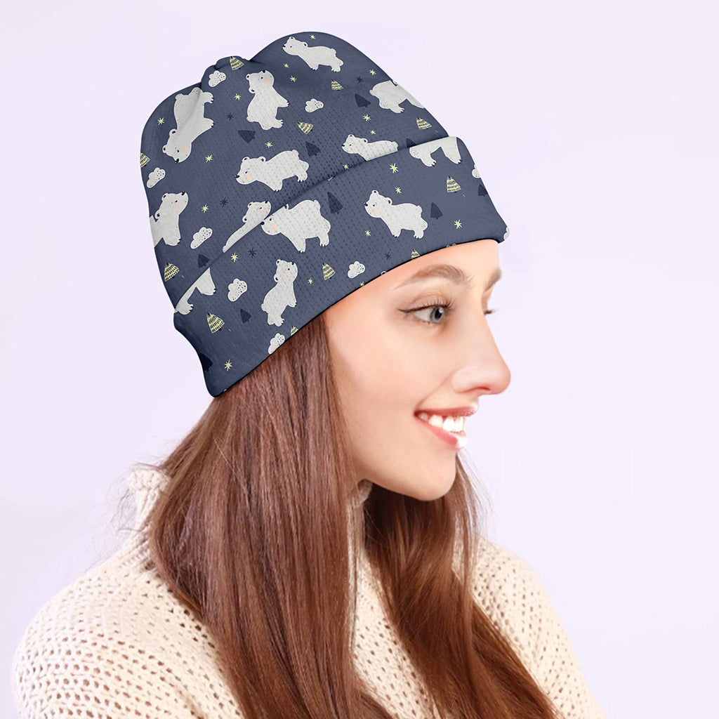 White Baby Polar Bear Pattern Print Beanie
