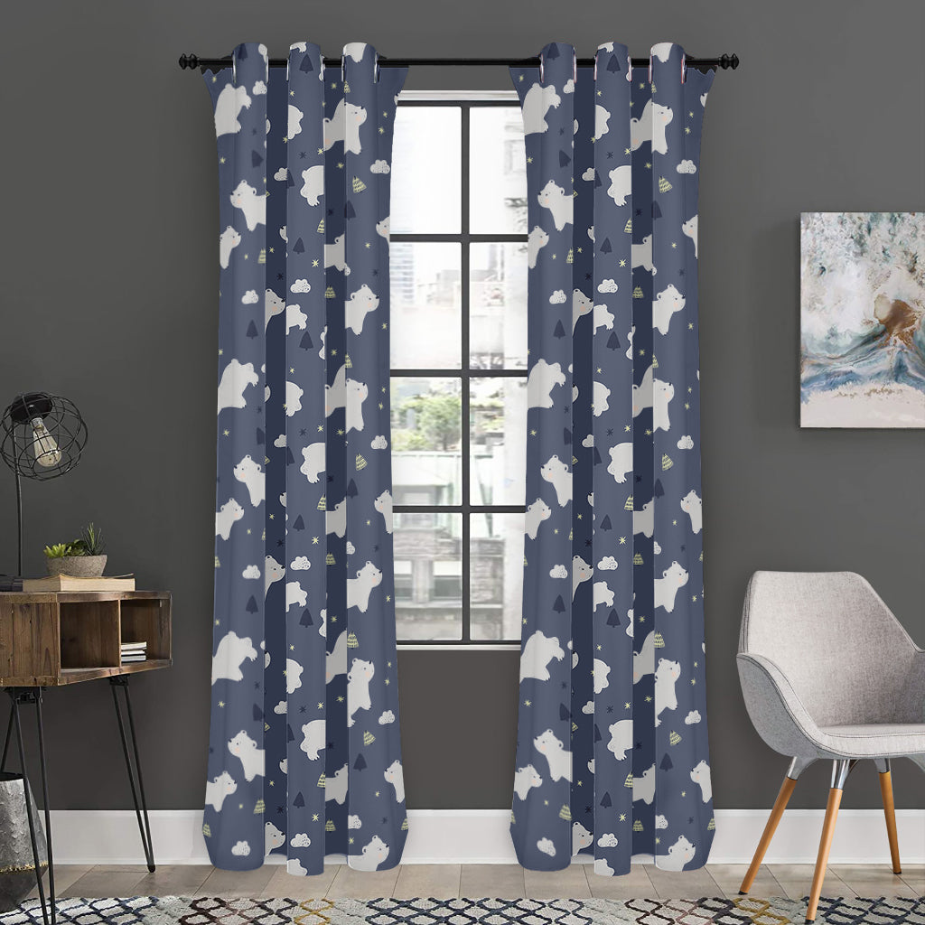 White Baby Polar Bear Pattern Print Curtain