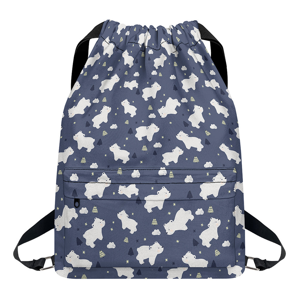 White Baby Polar Bear Pattern Print Drawstring Backpack