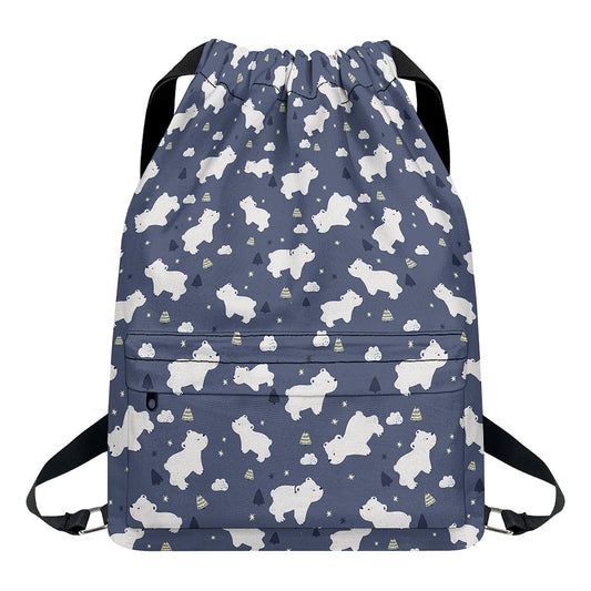 White Baby Polar Bear Pattern Print Drawstring Backpack