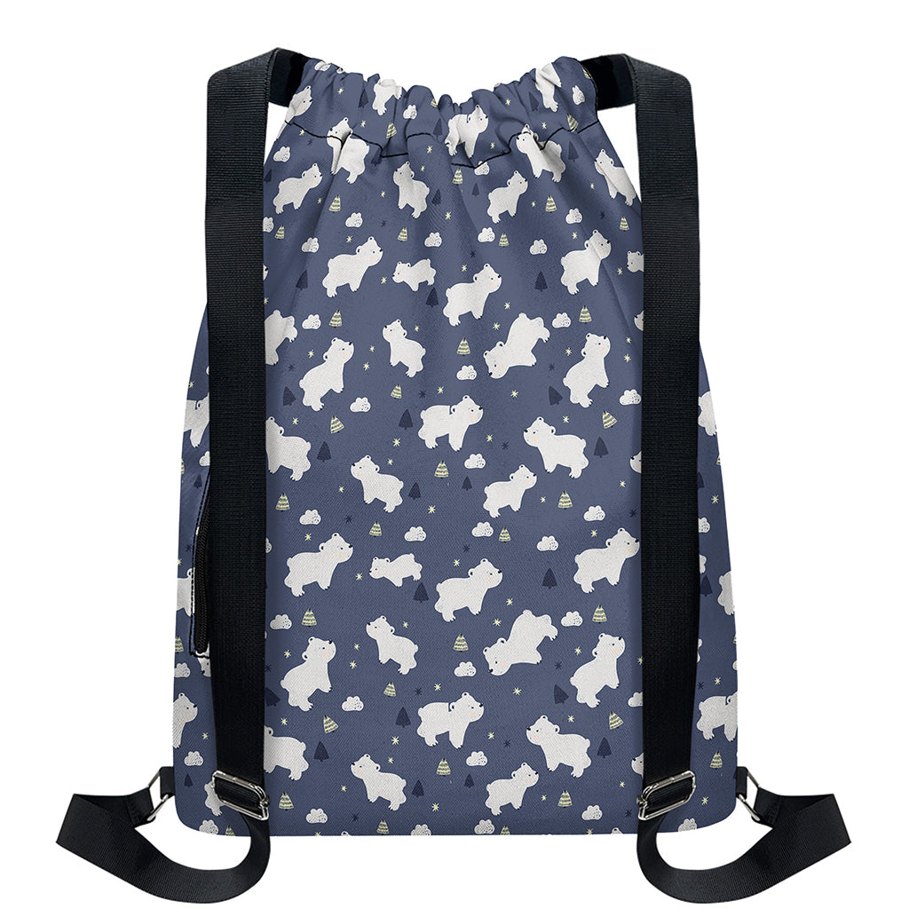 White Baby Polar Bear Pattern Print Drawstring Backpack