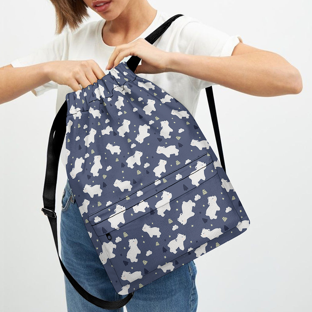 White Baby Polar Bear Pattern Print Drawstring Backpack