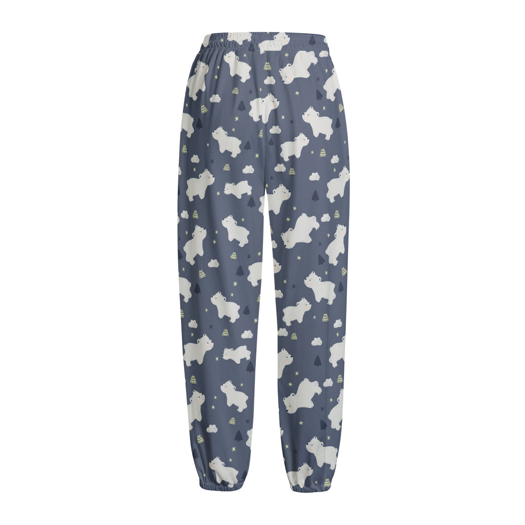 White Baby Polar Bear Pattern Print Fleece Lined Knit Pants