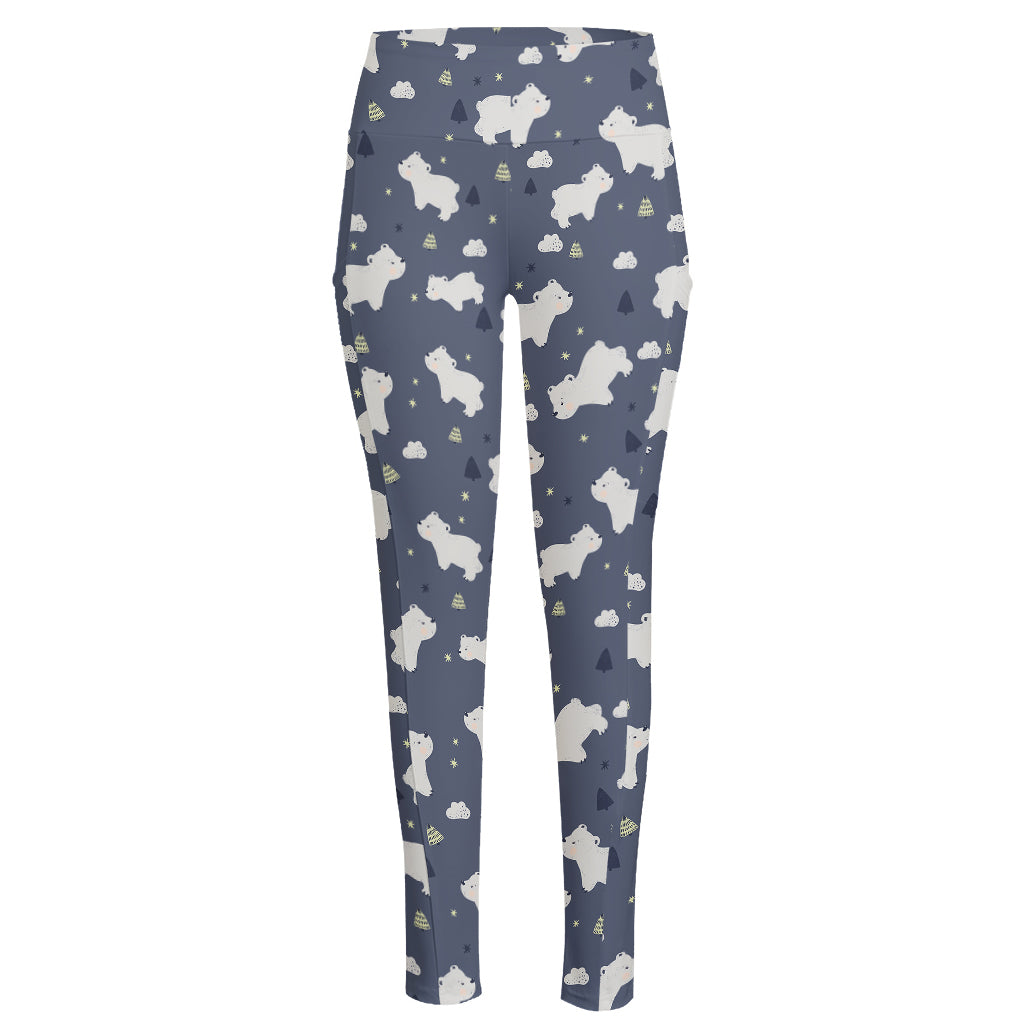 White Baby Polar Bear Pattern Print High-Waisted Pocket Leggings