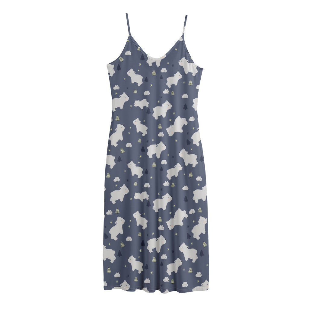White Baby Polar Bear Pattern Print Jersey Midi Cami Dress