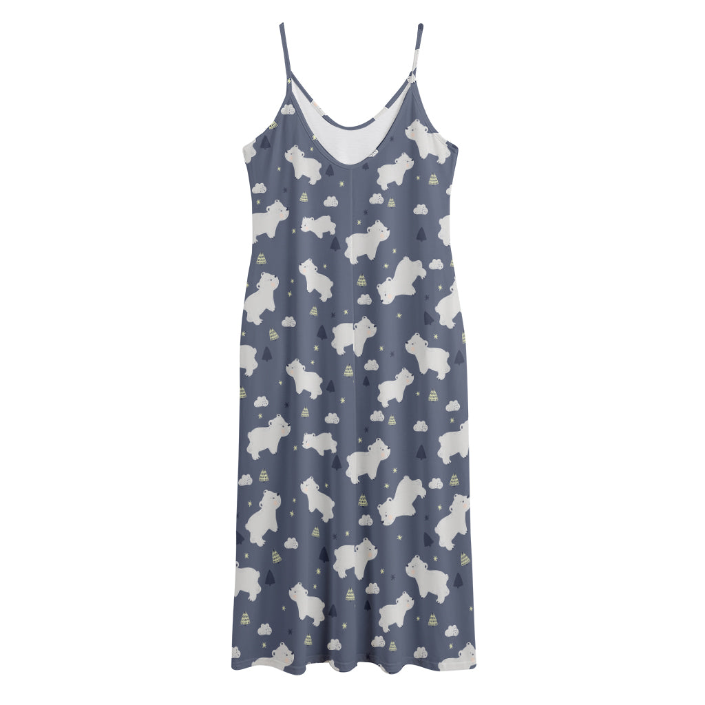 White Baby Polar Bear Pattern Print Jersey Midi Cami Dress
