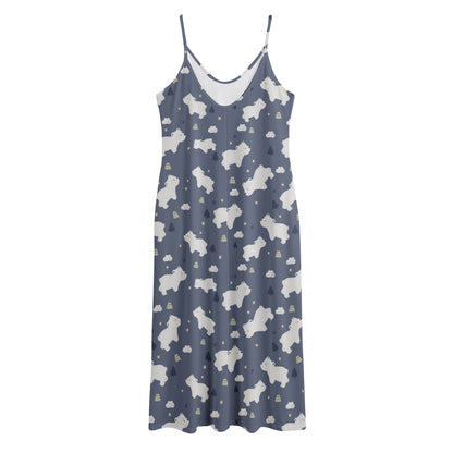 White Baby Polar Bear Pattern Print Jersey Midi Cami Dress