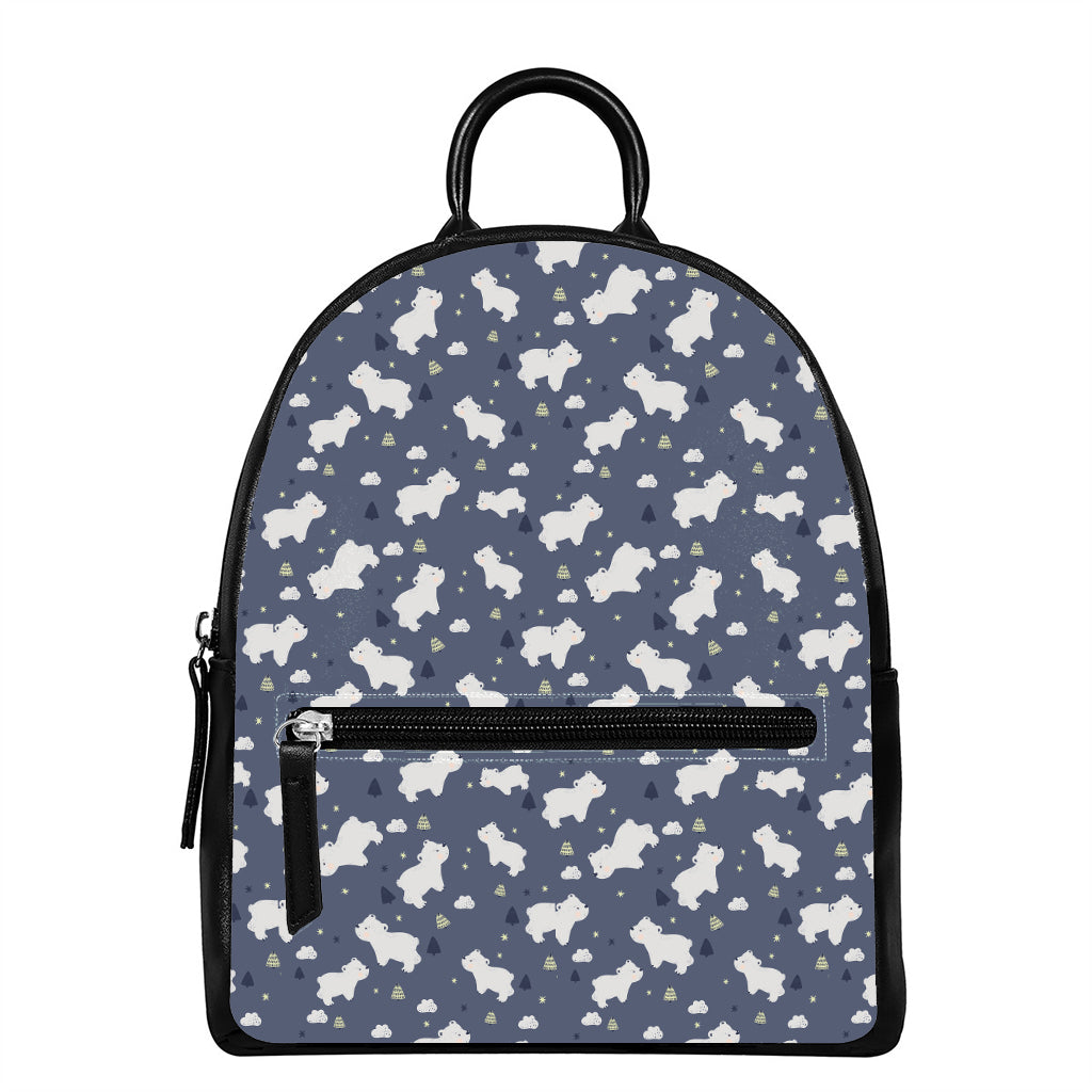 White Baby Polar Bear Pattern Print Leather Backpack