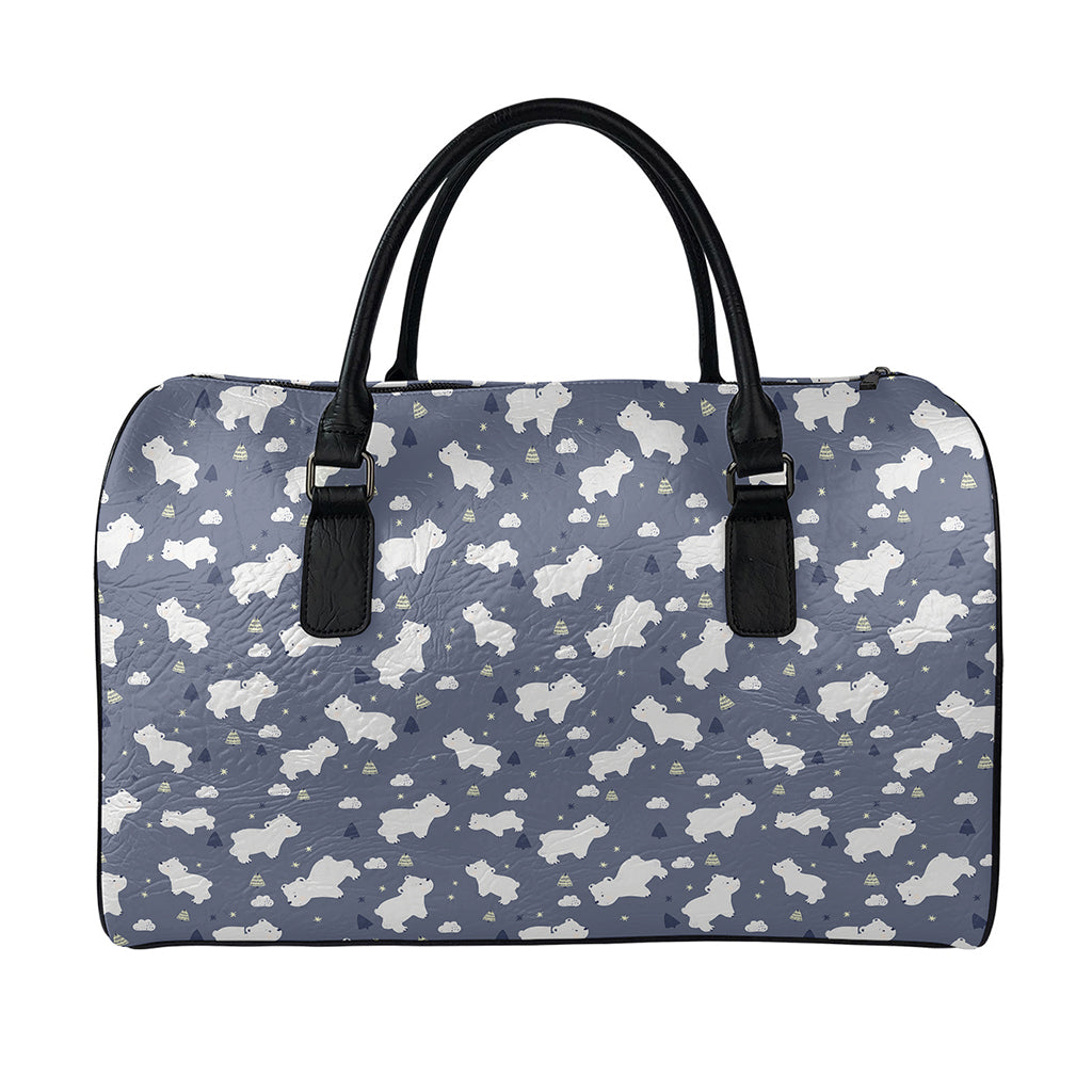 White Baby Polar Bear Pattern Print Leather Duffle Bag