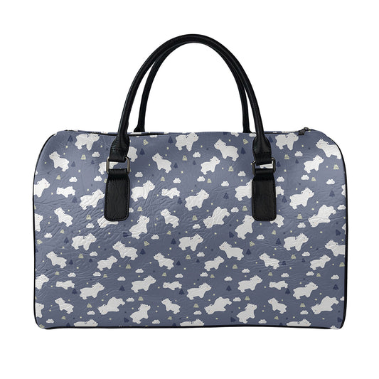 White Baby Polar Bear Pattern Print Leather Duffle Bag