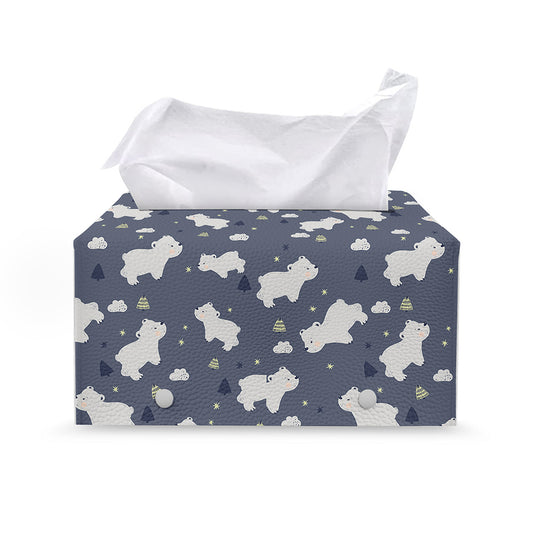 White Baby Polar Bear Pattern Print Leather Tissue Box Cover
