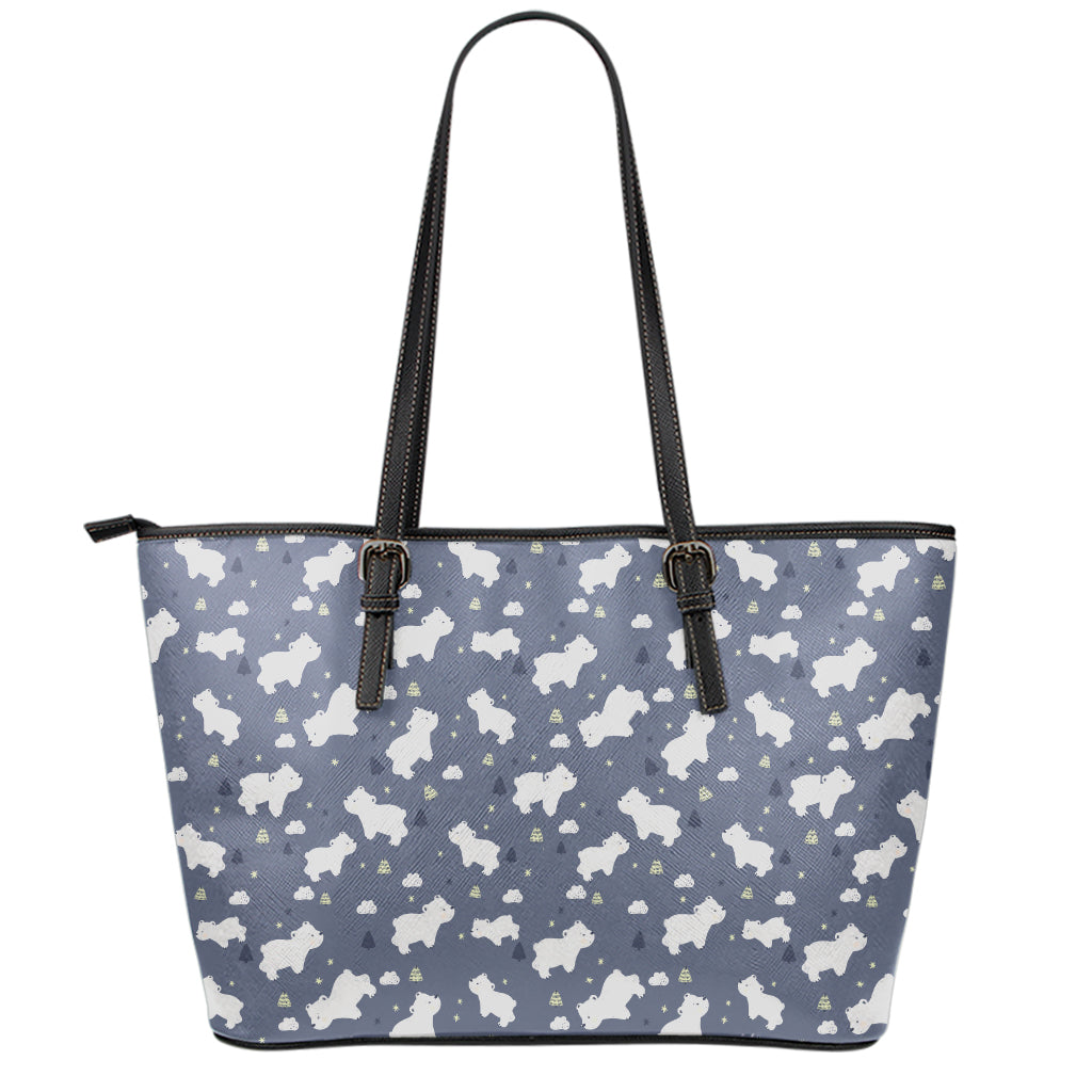 White Baby Polar Bear Pattern Print Leather Tote Bag