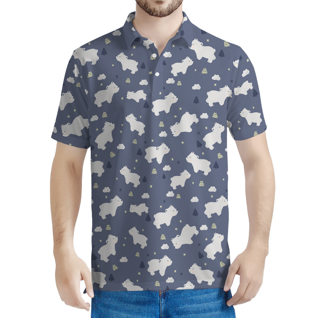 White Baby Polar Bear Pattern Print Men's Polo Shirt