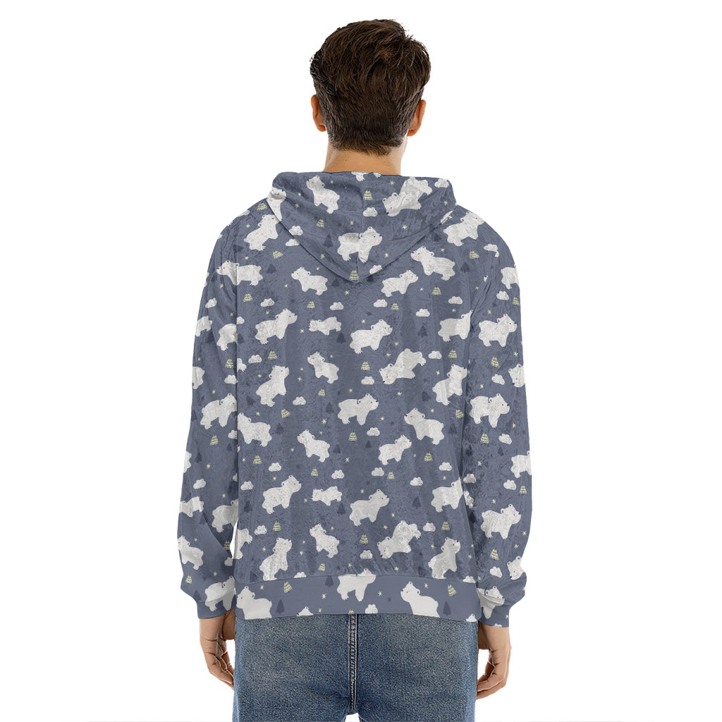 White Baby Polar Bear Pattern Print Men's Velvet Pullover Hoodie