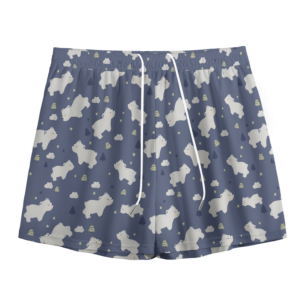 White Baby Polar Bear Pattern Print Mesh Shorts