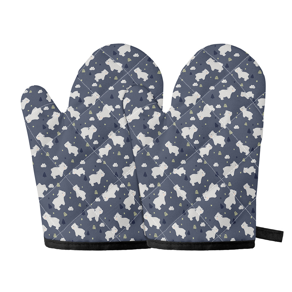 White Baby Polar Bear Pattern Print Oven Mitts