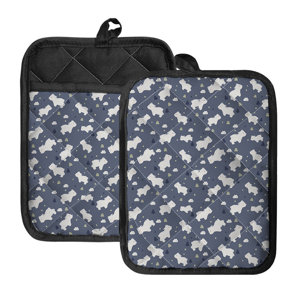 White Baby Polar Bear Pattern Print Pot Holders With Pocket