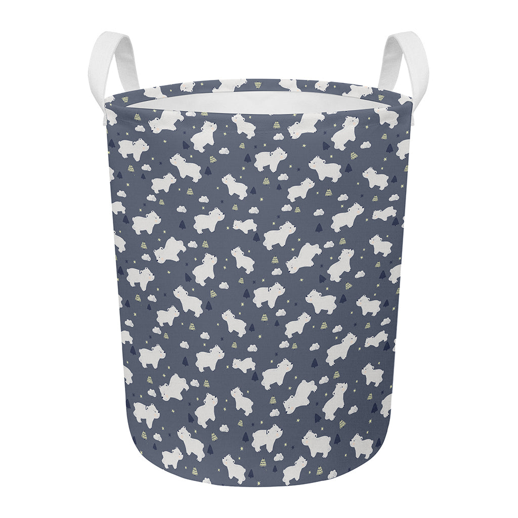 White Baby Polar Bear Pattern Print Round Laundry Basket