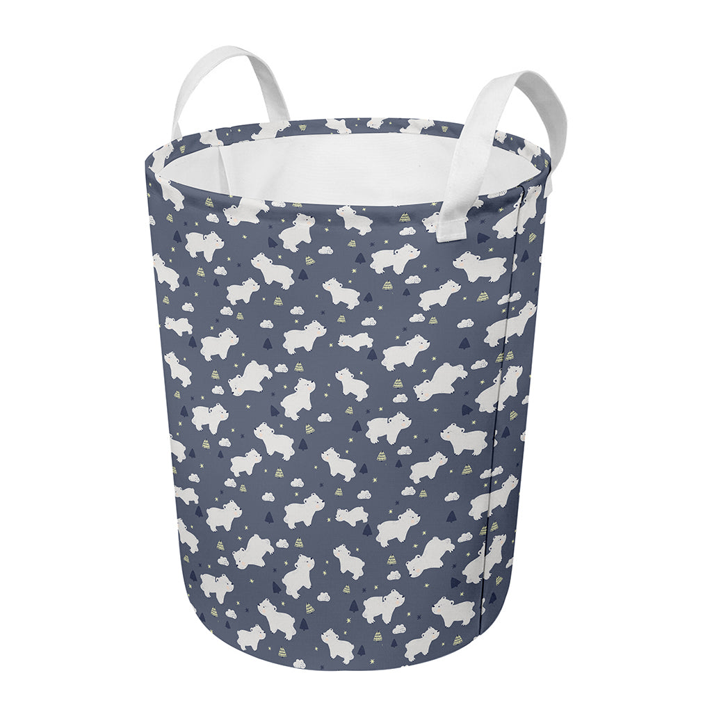 White Baby Polar Bear Pattern Print Round Laundry Basket
