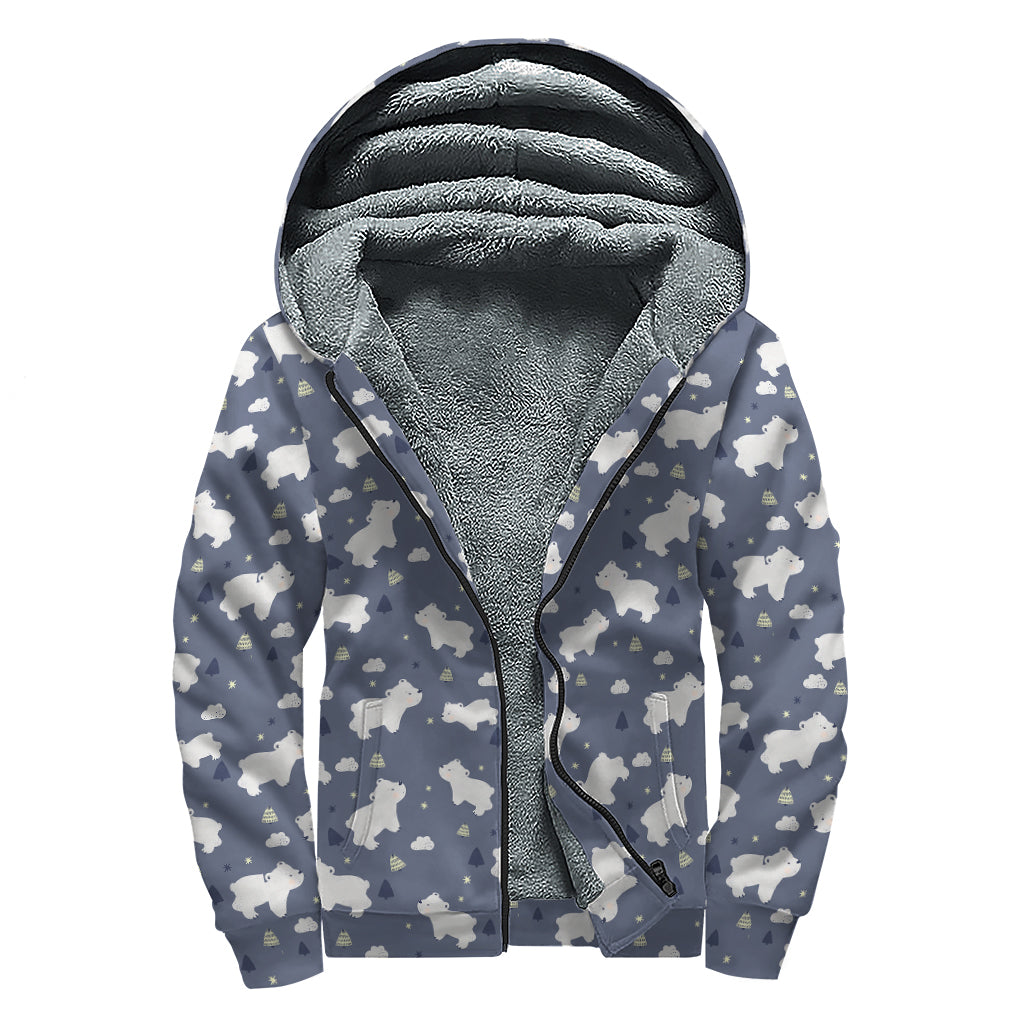 White Baby Polar Bear Pattern Print Sherpa Lined Zip Up Hoodie
