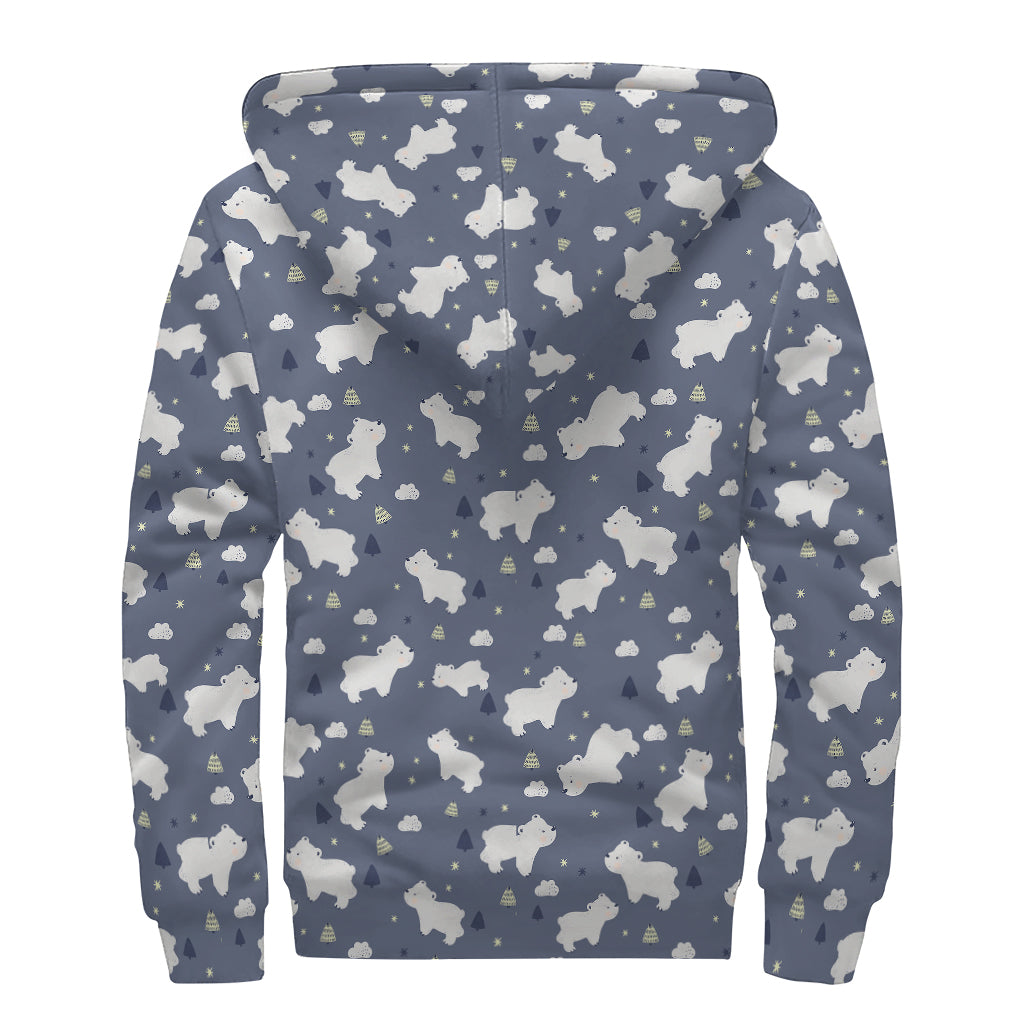 White Baby Polar Bear Pattern Print Sherpa Lined Zip Up Hoodie