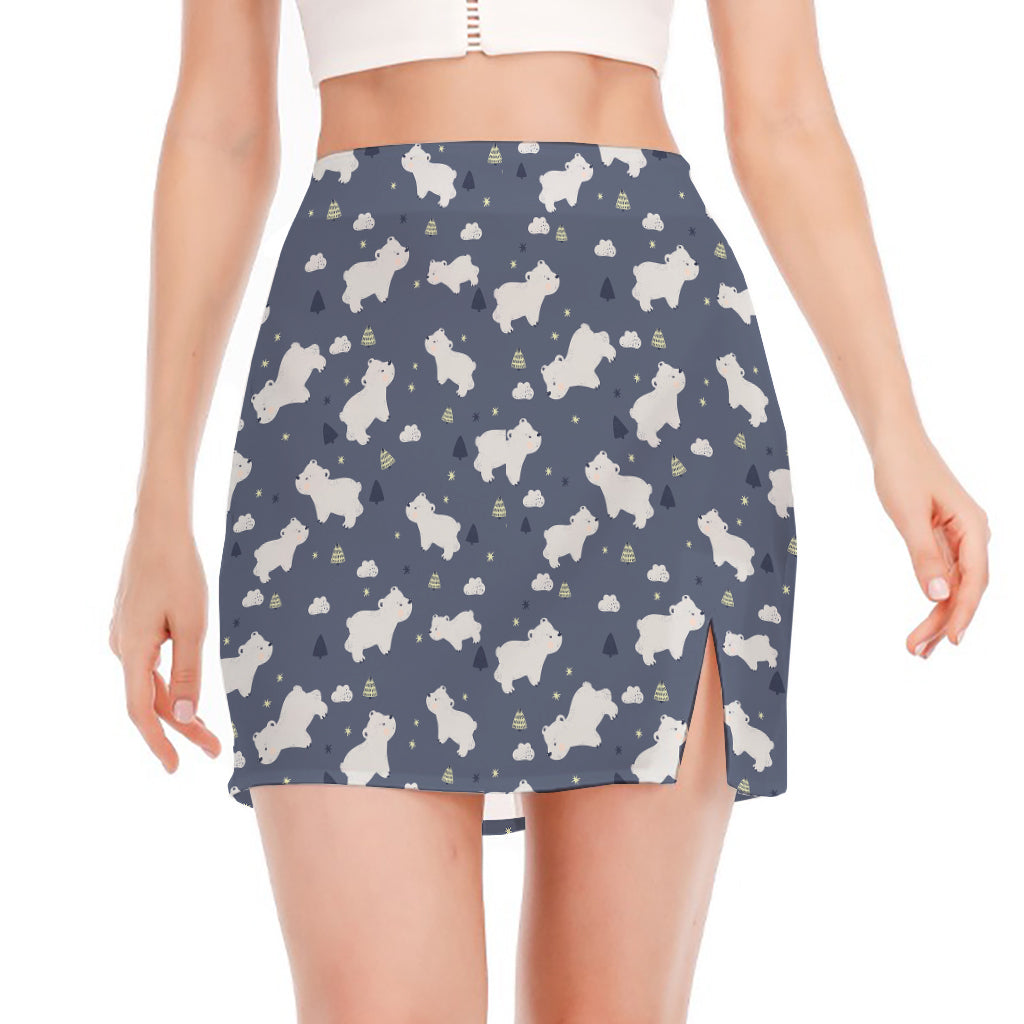 White Baby Polar Bear Pattern Print Side Slit Mini Skirt