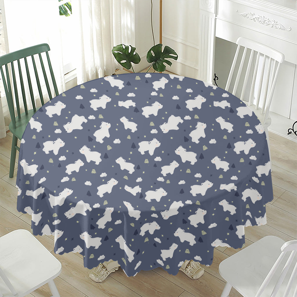 White Baby Polar Bear Pattern Print Waterproof Round Tablecloth