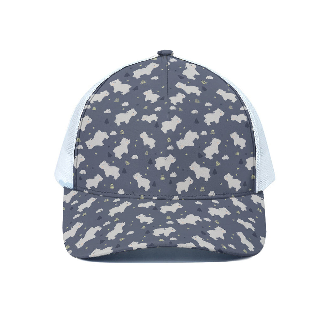 White Baby Polar Bear Pattern Print White Mesh Trucker Cap