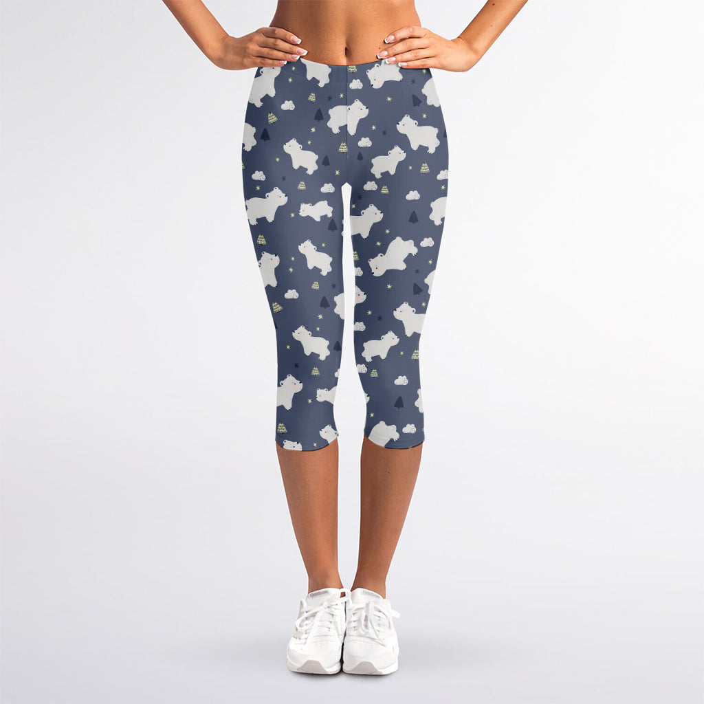 White Baby Polar Bear Pattern Print Women's Capri Leggings