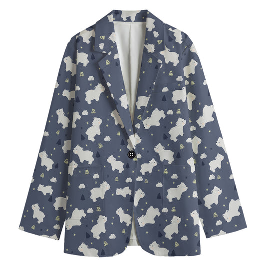 White Baby Polar Bear Pattern Print Women's Cotton Blazer