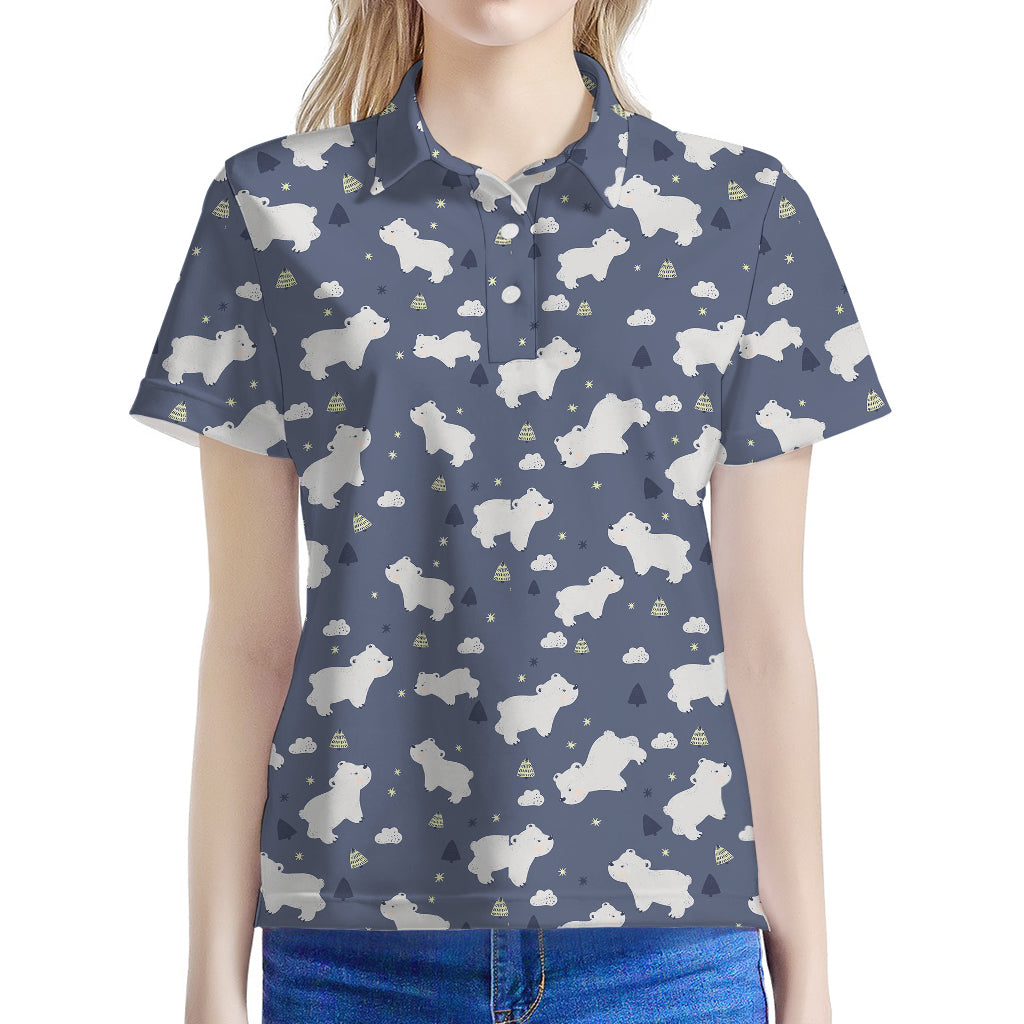 White Baby Polar Bear Pattern Print Women's Polo Shirt