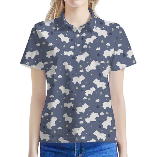 White Baby Polar Bear Pattern Print Women's Polo Shirt