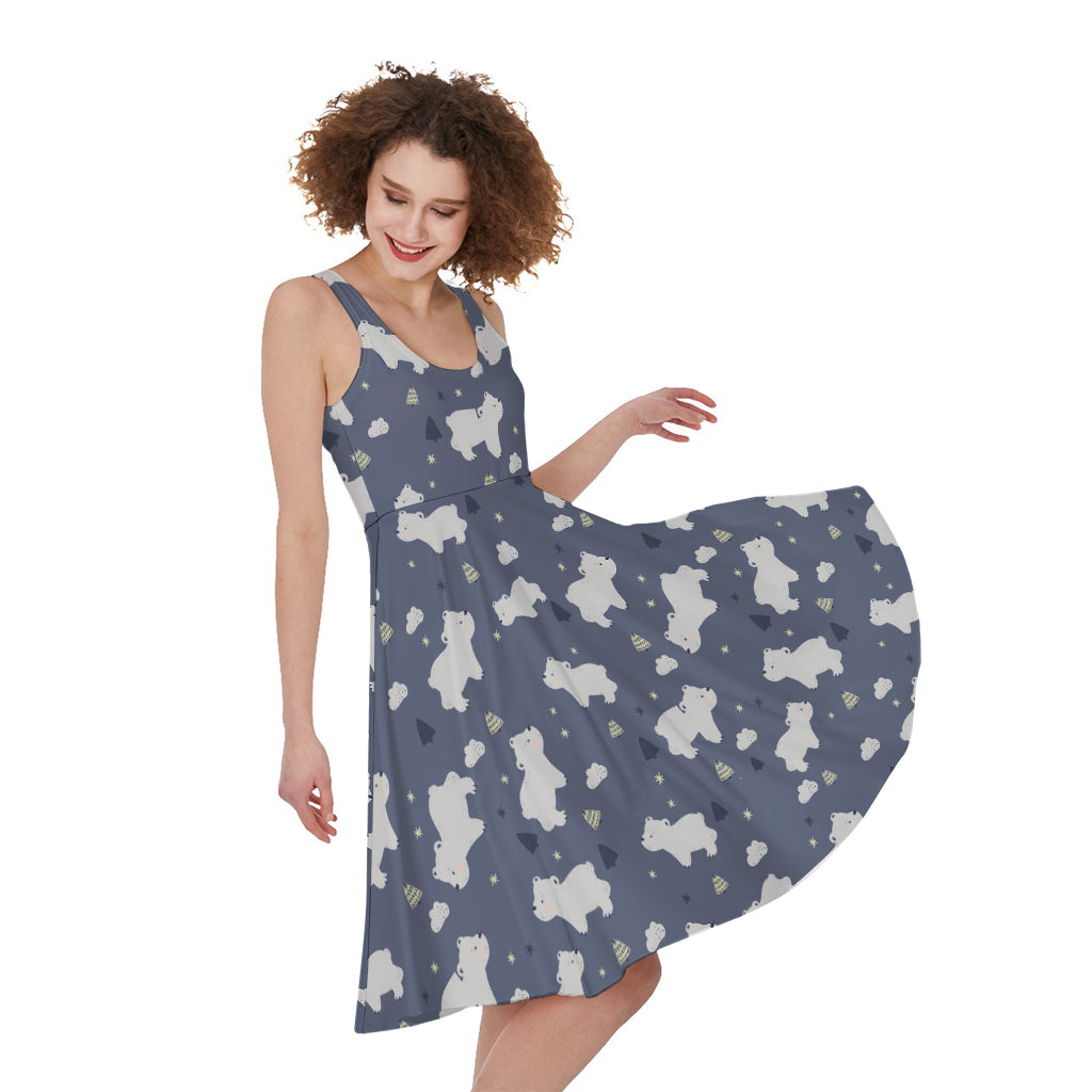 White Baby Polar Bear Pattern Print Women's Sleeveless Dress