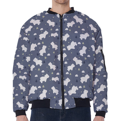 White Baby Polar Bear Pattern Print Zip Sleeve Bomber Jacket