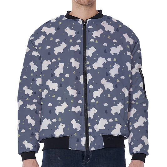 White Baby Polar Bear Pattern Print Zip Sleeve Bomber Jacket