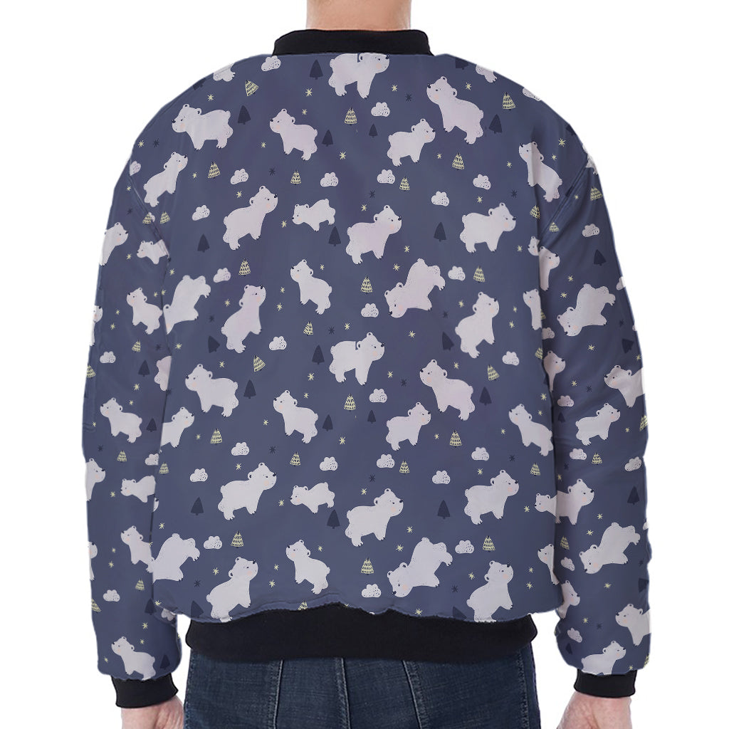 White Baby Polar Bear Pattern Print Zip Sleeve Bomber Jacket