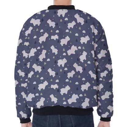 White Baby Polar Bear Pattern Print Zip Sleeve Bomber Jacket