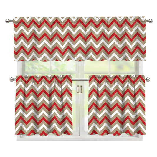 White Beige And Red Chevron Print 3 Piece Kitchen Curtains