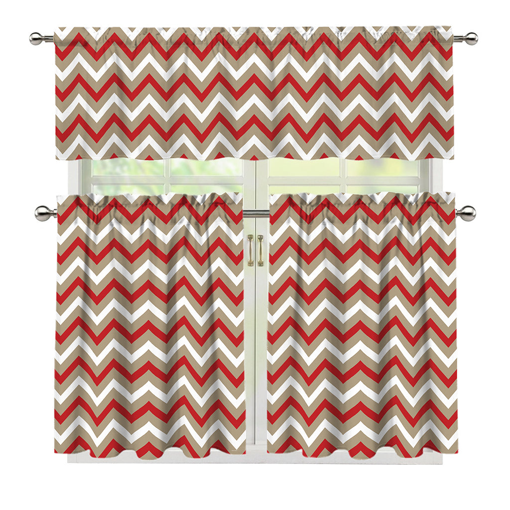 White Beige And Red Chevron Print 3 Piece Kitchen Curtains