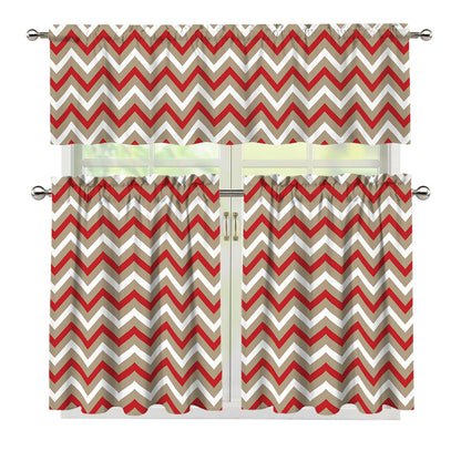 White Beige And Red Chevron Print 3 Piece Kitchen Curtains