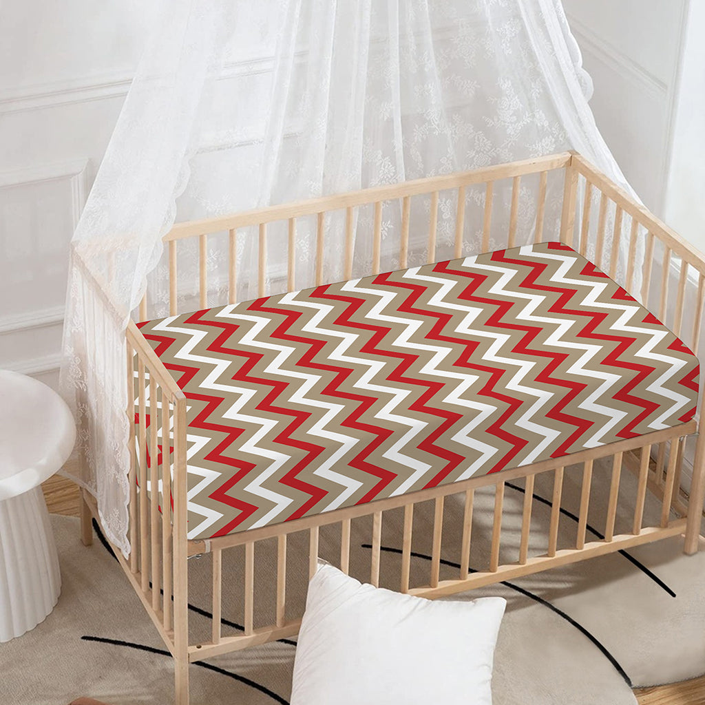 White Beige And Red Chevron Print Baby Crib Sheet
