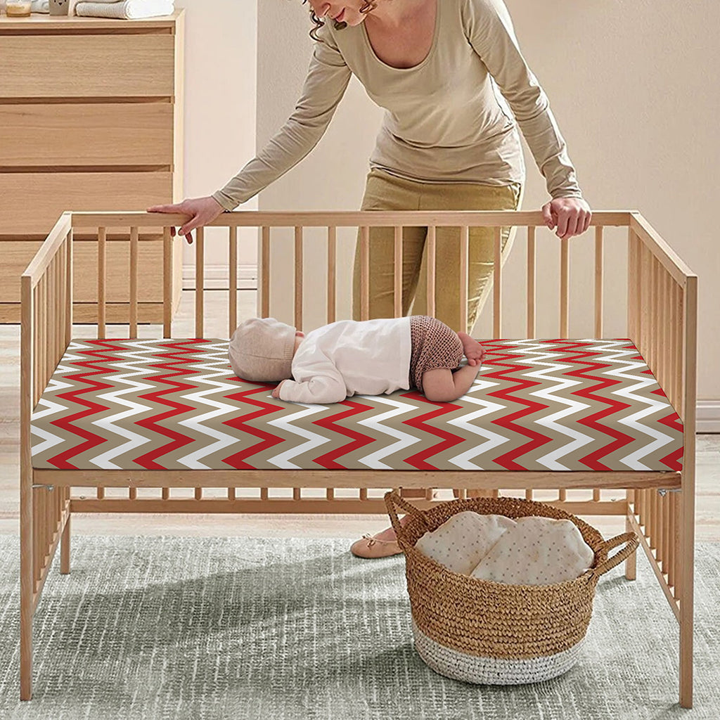 White Beige And Red Chevron Print Baby Crib Sheet