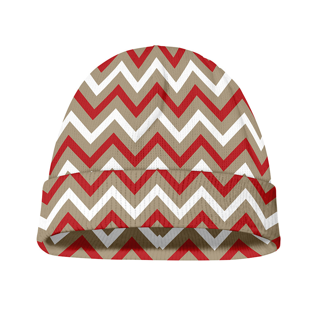 White Beige And Red Chevron Print Beanie
