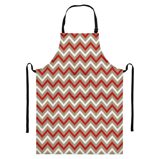White Beige And Red Chevron Print Bib Apron With Pocket