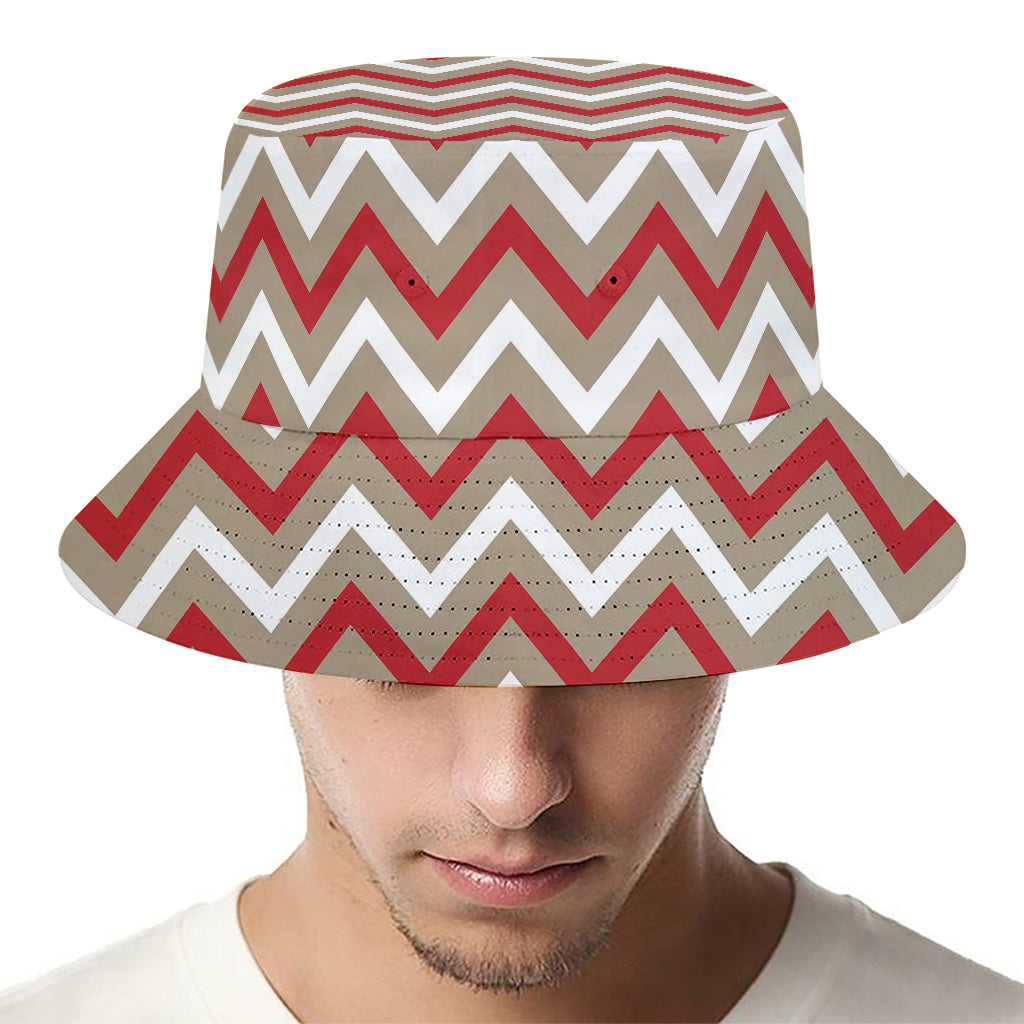 White Beige And Red Chevron Print Bucket Hat