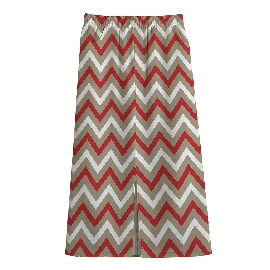 White Beige And Red Chevron Print Cotton Front Slit Maxi Skirt
